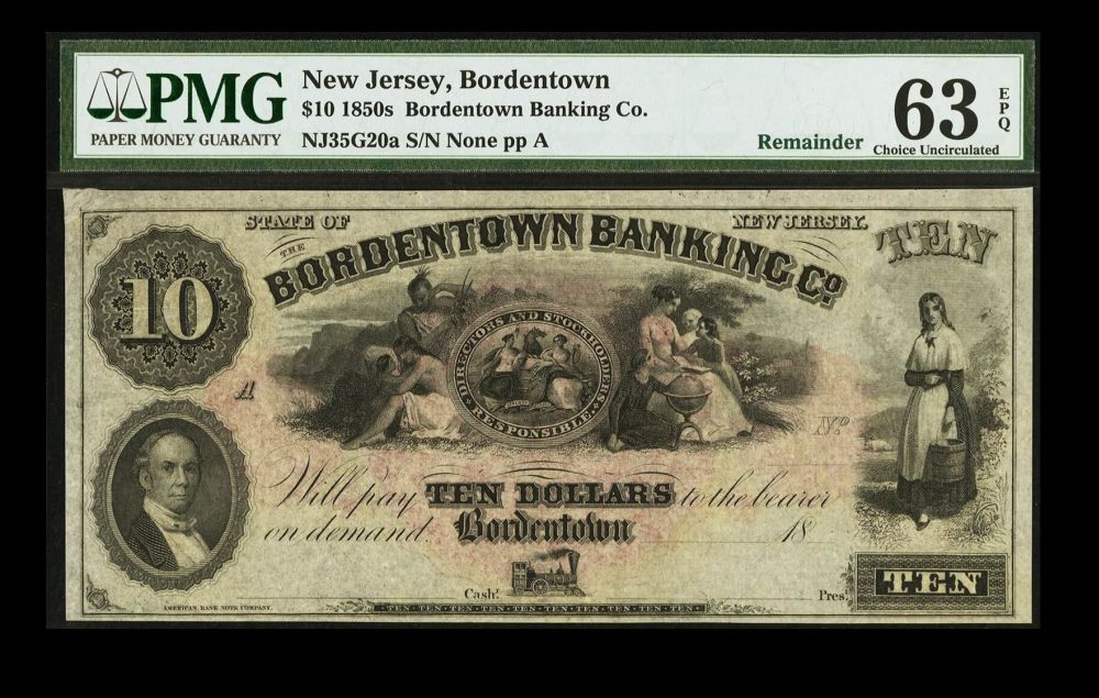 Nj35G20a, Bordentown, NJ, 1850s $10, PMG63-EPQ